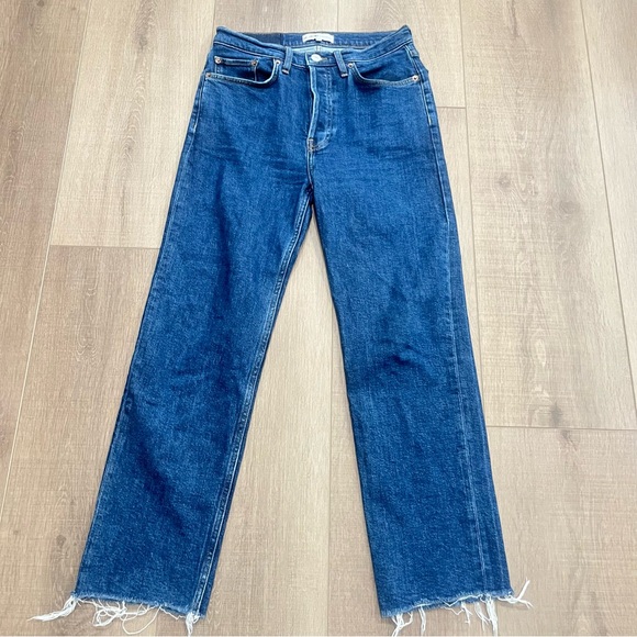 RE/DONE Originals Stove Pipe Jeans SZ 27 Button Fly Blue Denim Dark Wash Frayed - Picture 1 of 11